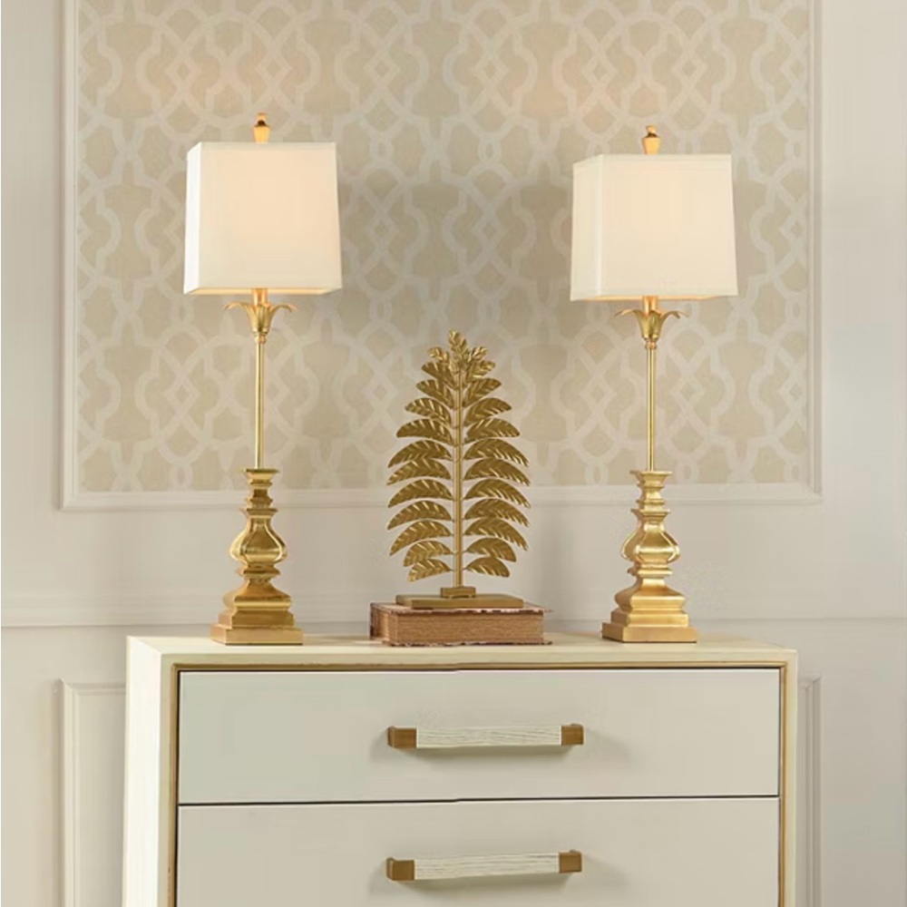 NEW Stylecraft 33.5" Gold Buffet Lamp Set (2-Pc) Acrylic Base Flower Stem